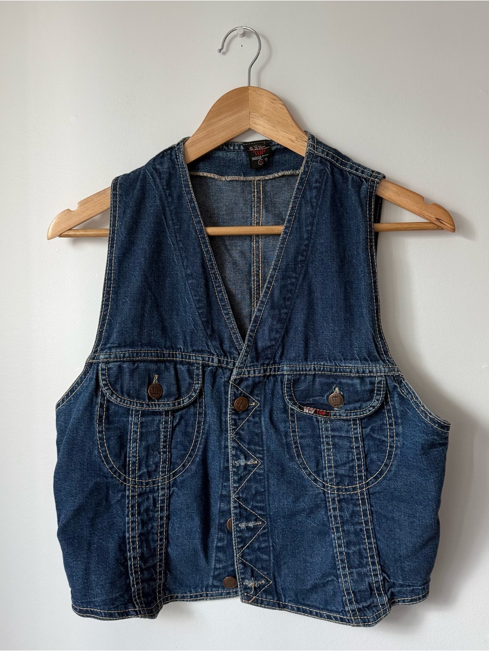 Vintage 70s 80s US TOP Indigo Denim Vest Womens M 100% Sanforized Cotton Western